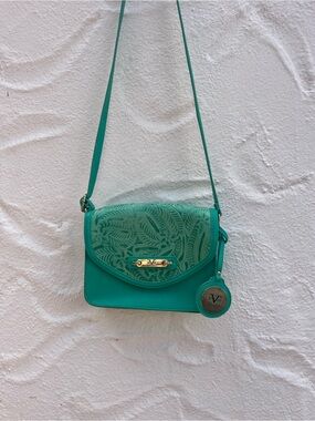 Vintage Versace crossbody purse, turquoise embossed leather, rare color